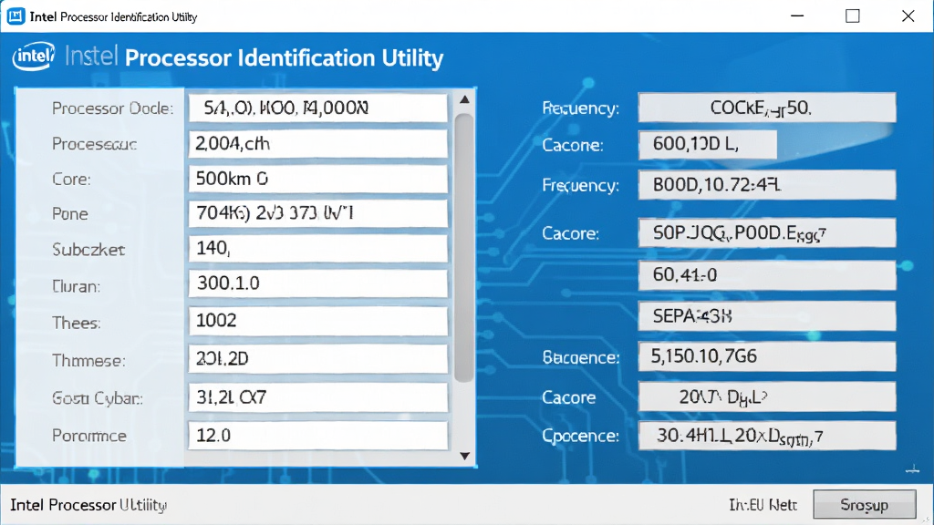 一张高清的电脑屏幕截图,画面中央是Intel英特尔Processor Identification Utility工具的主界面,上方显示“Intel Processor Identification Utility”字样,界面以简洁的蓝色科技风格为主,左侧列出处理器型号、核心数量、线程数等参数,右侧显示频率、缓存等信息,整体布局清晰,界面干净,细节丰富,画质细腻,无多余元素