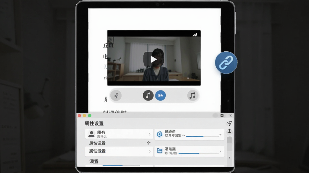 丘易翻页电子书制作器多媒体嵌入功能演示图:电子书页面内嵌一个视频播放窗口和音乐按钮,旁边有超链接图标,下方为属性设置面板,界面风格清爽,功能图标清晰,整体布局整洁,画质高清