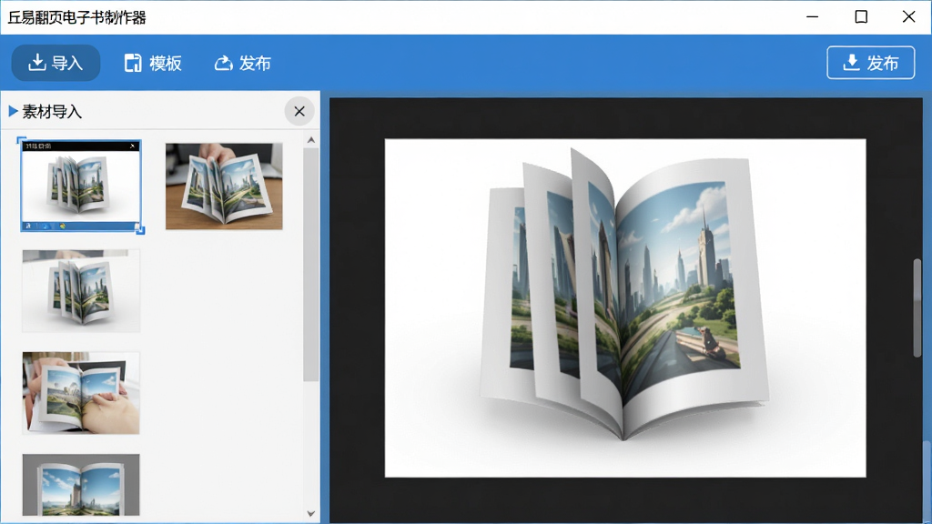 丘易翻页电子书制作器主界面预览图:展示软件启动后的主窗口,左侧为素材导入区域,右侧为3D翻页效果实时预览区,顶部工具栏包含“导入”“模板”“发布”按钮,整体界面采用蓝白配色,布局清晰,风格简洁现代,画质高清,干净无多余元素