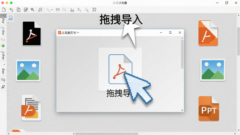 丘易翻页电子书制作器素材导入操作示意图:画面中央显示拖拽文件到软件窗口的动画效果,周围散布PDF、图片、PPT文件图标,背景为浅灰色工作区,带有“拖拽导入”文字提示,风格写实,界面明亮,画质清晰