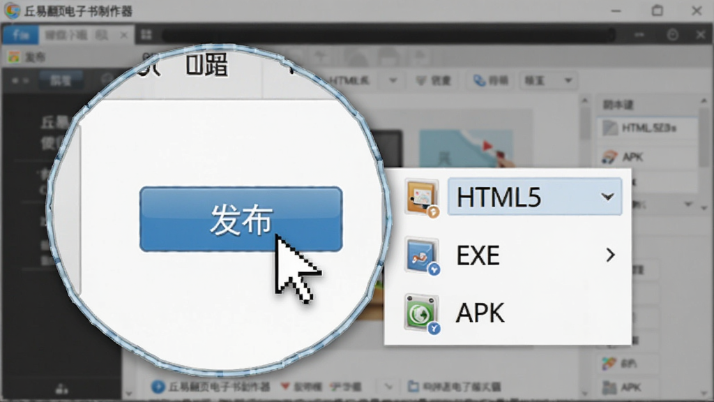 丘易翻页电子书制作器使用教程截图:画面显示软件操作界面的局部放大,鼠标指针正在点击“发布”按钮,旁边弹出输出格式选择菜单,包括HTML5、EXE、APK选项,背景为软件主界面,风格写实,重点高亮,画质清晰