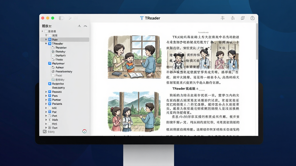 一张高清的电脑屏幕展示TReader阅读器主界面的照片,界面中打开一本图文并茂的电子书,左侧显示书籍目录树,右侧为正文排版,背景为深蓝色渐变,整体风格现代简约,画质干净,无多余元素