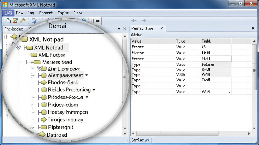 主体:Microsoft XML Notepad软件界面放大图,左侧树形结构展开多个节点,右侧属性值编辑区;布局:左右对称,中间用分割线隔开;排版:UI界面截图风格,清晰标注节点名称;风格:写实屏幕截图,干净明亮;细节:树形节点带有展开箭头,属性区显示类型、值字段;画质:高分辨率,干净,无多余元素