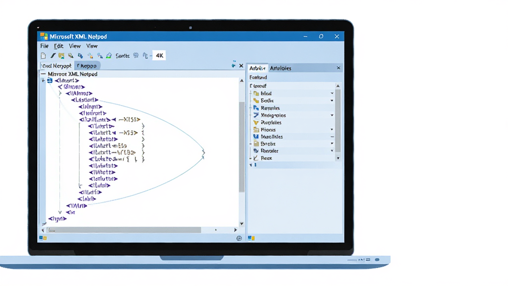 主体:一台现代笔记本电脑屏幕显示Microsoft XML Notepad界面,左侧树形节点,右侧属性面板;布局:电脑居中偏左,界面清晰放大,右侧留白;排版:简洁干净,突出软件界面;风格:科技感扁平插画,蓝色主色调;细节:屏幕内显示XML标签代码,菜单栏有文件、编辑、视图选项;画质:4K高清,干净,无多余元素