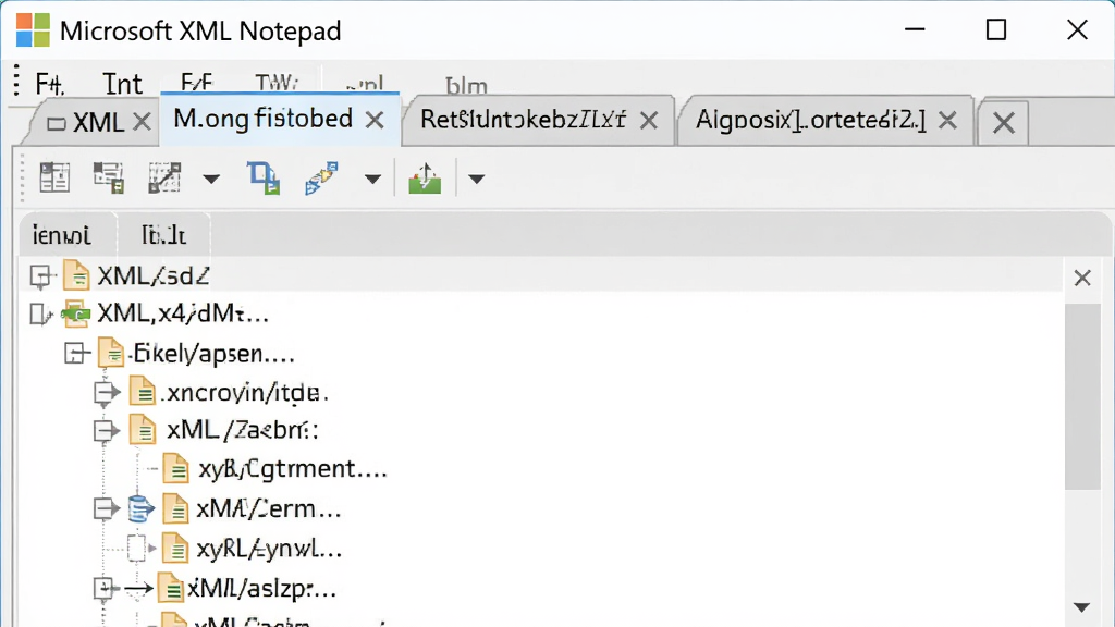 主体:Microsoft XML Notepad界面顶部显示多个标签页,分别标注不同XML文件名;布局:标签页水平排列,当前页高亮;排版:简洁工具栏风格;风格:平面设计,淡灰色背景;细节:标签页右侧有关闭按钮,一个文件内容显示树形结构;画质:高清,干净,无多余元素