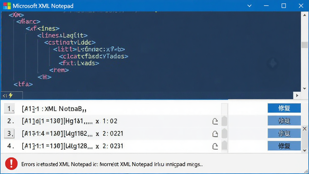 主体:Microsoft XML Notepad界面中显示错误列表,底部有红色感叹号图标和错误信息;布局:上方为XML代码区域,下方为错误提示栏;排版:整齐列表,行号清晰;风格:扁平化UI示意,蓝白配色;细节:错误信息包含行号和列号,右侧有修复按钮;画质:清晰,干净,无多余元素
