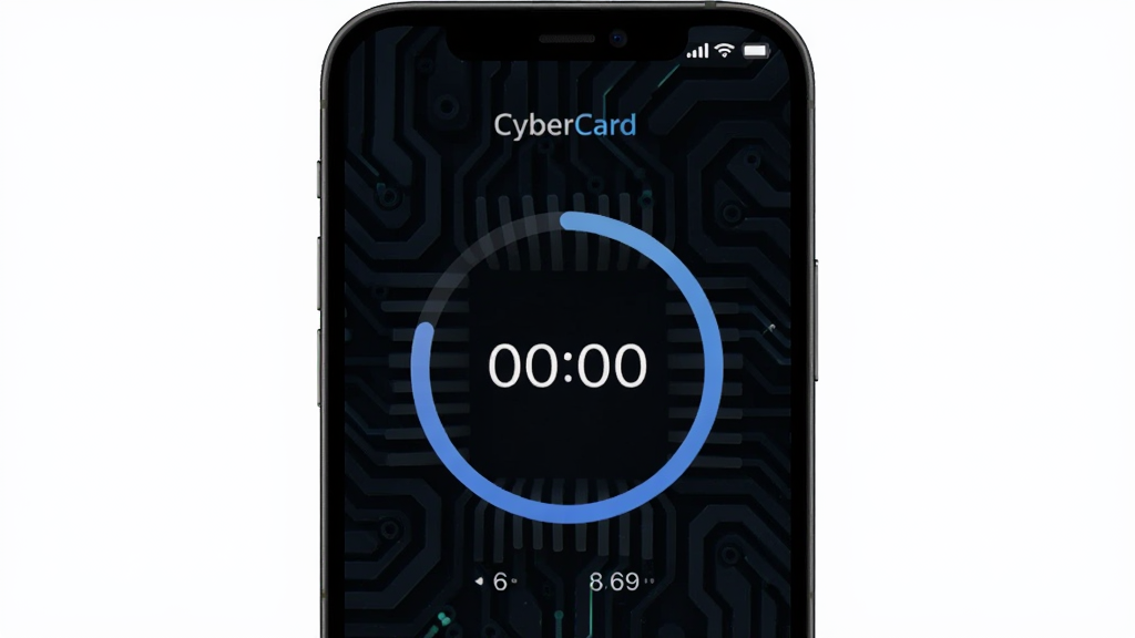 CyberCard手机应用界面离线生成6位动态码的截图风格预览,手机屏幕显示倒计时圆环与数字,网络信号图标显示断开,背景为深色科技纹理,画质干净,无多余元素