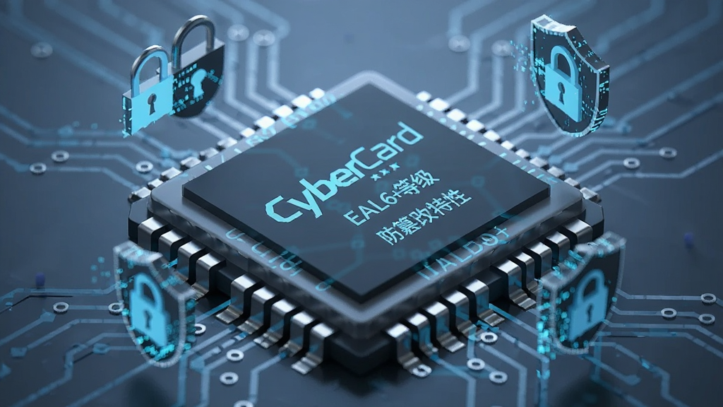 CyberCard内部芯片结构放大渲染图,周围环绕数据加密锁与盾牌图标,冷色调背景,突出EAL6+安全等级与防篡改特性,画质细腻,无多余元素