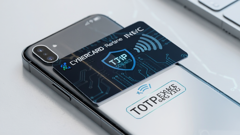CyberCard安全认证卡片与手机NFC配对的特写场景,卡片置于手机背面,屏幕显示TOTP验证码,背景简洁,突出科技感与安全感,画质清晰,干净无多余元素