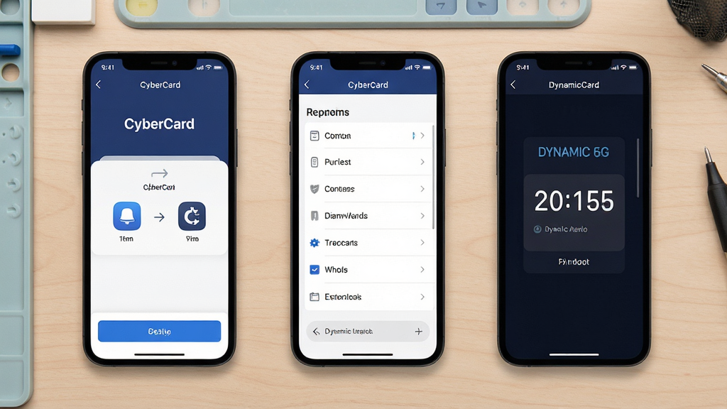 CyberCard应用在手机上的完整操作界面,包括配对、密钥列表和动态码显示三屏视图,背景为浅色工作台,风格简约,画质干净,无多余元素
