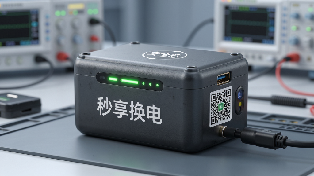 主体:一块智能电池特写,外壳带有“秒享换电”标识,表面有LED指示灯显示电量,旁边有充电接口。布局:电池置于工作台上,背景是实验室环境,有测试仪器虚化。排版:电池正面印有“秒享换电”字样,侧面有二维码标签,顶部有“安全芯”图标。风格:科技感工业摄影,灯光柔和,细节清晰。细节:电池外壳材质细腻,指示灯绿色亮起,温度传感器可见。画质:超高清,干净,无多余元素。