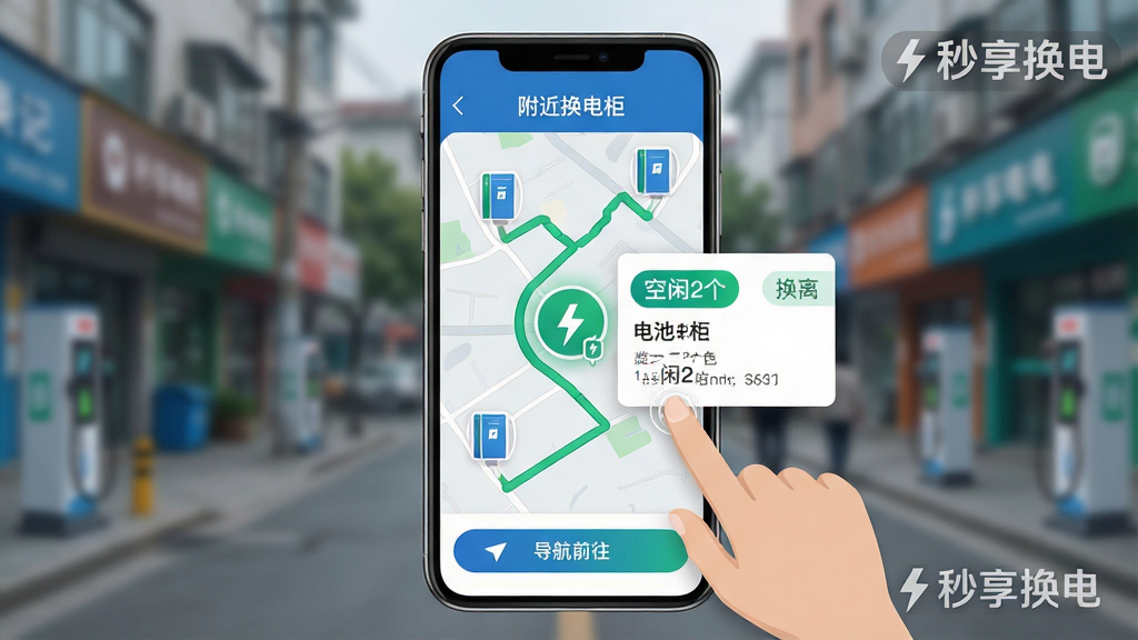 主体:手机App地图界面,显示多个换电柜图标,其中一个被高亮标记并弹出详情卡片。布局:手机屏幕居中,周围有模糊的街景背景,地图上显示绿色路线。排版:界面顶部有“附近换电柜”标题,底部有“导航前往”按钮,角落有“秒享换电”水印。风格:扁平化UI设计风格,配色以蓝色和绿色为主,清晰直观。细节:地图上显示距离与电池数量,卡片上有“空闲2个”标签,手指点击图标。画质:高清,干净,无多余元素。