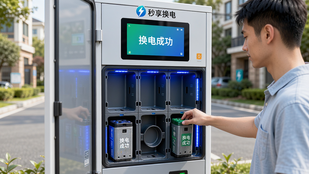 主体:用户正在操作换电柜,柜门打开,内部电池仓整齐排列,用户将旧电池放入空仓,另一只手取出新电池。布局:换电柜居中,用户侧面站立,背景是街道或小区。排版:柜体屏幕显示“换电成功”字样,顶部有“秒享换电”Logo。风格:写实摄影,光线明亮,动作清晰。细节:电池仓有蓝色氛围灯,用户手部动作自然,柜体干净整洁。画质:高清,无多余元素。