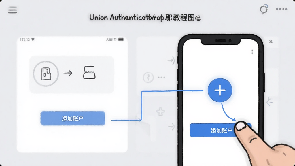 �廭���̳�ͼ��չʾ��Union AuthenticatorӦ���ڵ���������˻�����ť�Ĳ������̣�����Ϊǳ��ɫ������壬�ص�����ֻ���Ļ�ϵ���ɫ��+��ͼ�꣬���м��ָ���ߣ�����ɾ��������޶�������