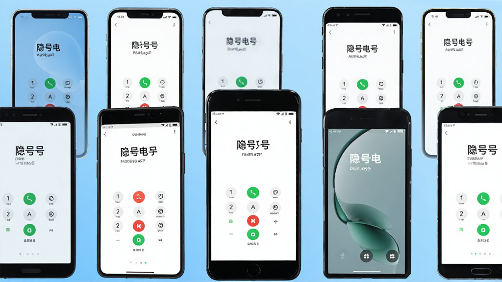 隐号电话APP在多种不同品牌手机上的运行效果图,手机排列整齐,屏幕均显示隐号电话拨号界面,背景为浅蓝色渐变,展示应用广泛的适配性,画质清晰,干净,无多余元素