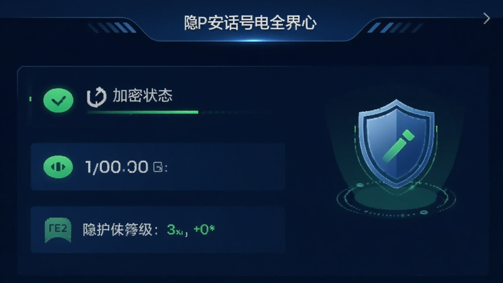 隐号电话APP安全中心界面截图,显示加密状态、隐私保护等级和防护盾牌图标,界面采用深蓝色科技风格,搭配绿色安全标识,突出安全可靠特点,画质清晰,干净,无多余元素