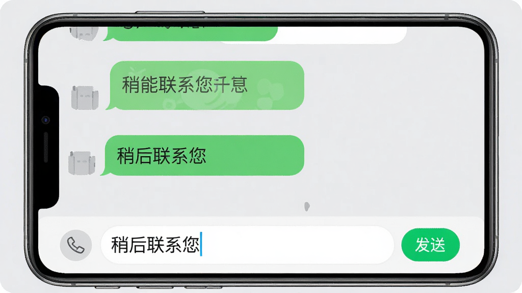 隐号电话APP消息发送界面截图,显示聊天窗口,输入框内有“稍后联系您”的文字,并配有发送按钮,背景为柔和的灰色,信息气泡采用绿色和白色区分,界面友好,突出智能消息功能的便捷性,画质清晰,干净,无多余元素
