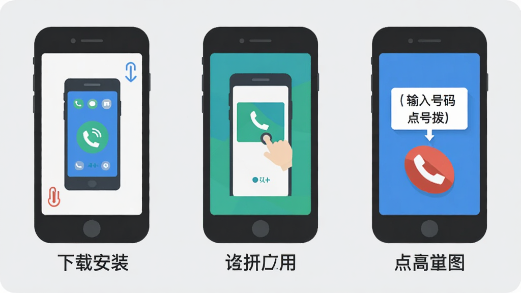 隐号电话APP使用步骤示意图,步骤一下载安装,步骤二打开应用,步骤三输入号码,步骤四点击拨号,每个步骤配有小图标,整体采用扁平化设计风格,背景为浅灰色,画质清晰,干净,无多余元素