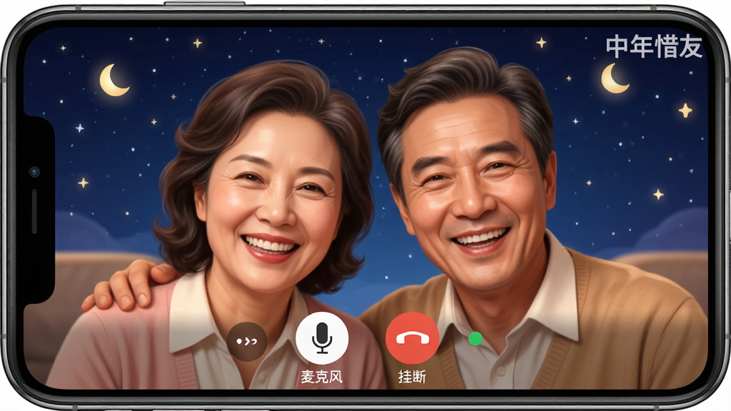 主体:一对中年男女通过中年惜友APP进行视频聊天的欢乐场景。布局:手机屏幕占据画面主要部分,屏幕内两人笑容灿烂,背景是虚拟的星空夜景。排版:视频画面清晰,有美颜效果,下方有“麦克风”、“挂断”等控制按钮。风格:温馨浪漫,暖色调。细节:屏幕右上角显示“中年惜友”水印,画质高清,干净,无多余元素。