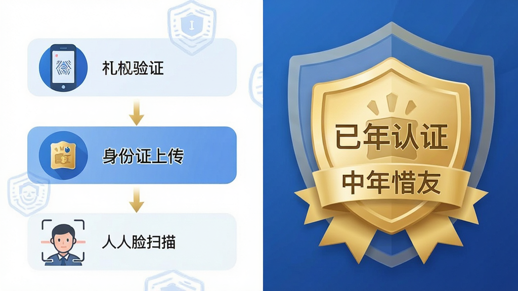 主体:中年惜友APP的实名认证流程界面。布局:左侧为认证步骤图示(手机验证、身份证上传、人脸扫描),右侧为认证成功后的“已认证”金色徽章特写。排版:步骤清晰,图标简洁。风格:商务蓝搭配金色点缀,体现安全与信任。细节:证书徽章上刻有“中年惜友”字样,背景有盾牌图形,画质干净,无多余元素。