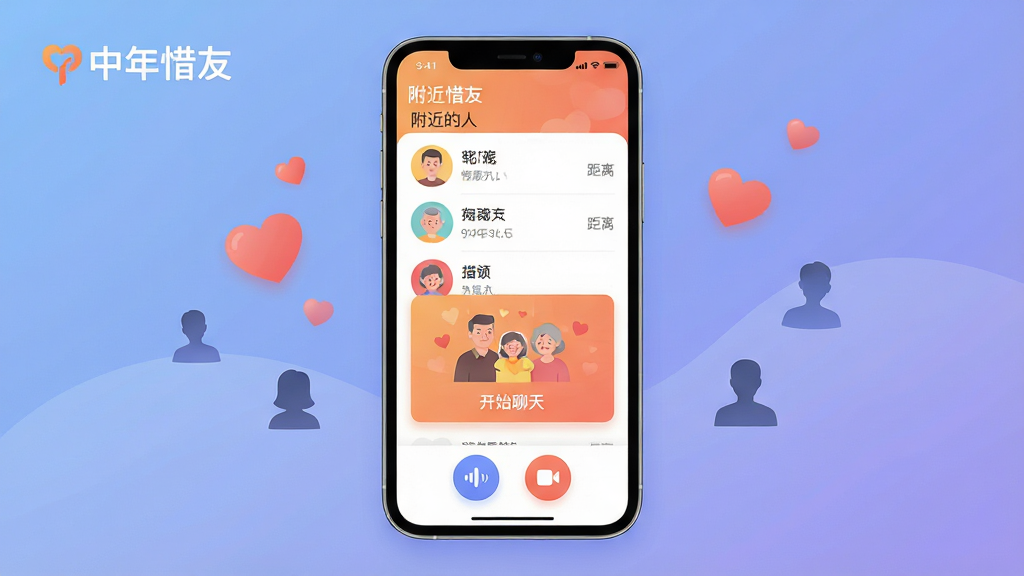 主体:中年惜友APP界面展示,手机屏幕内显示“附近的人”列表和匹配成功动画。布局:手机居中,背景为柔和的渐变蓝紫色,周围有漂浮的爱心和人物剪影。排版:界面元素清晰,头像、昵称、距离信息排列整齐,底部有语音、视频按钮。风格:现代扁平化设计,色彩温暖明亮。细节:屏幕左上角显示“中年惜友”Logo,匹配成功界面有“开始聊天”字样,画质高清,干净,无多余元素。
