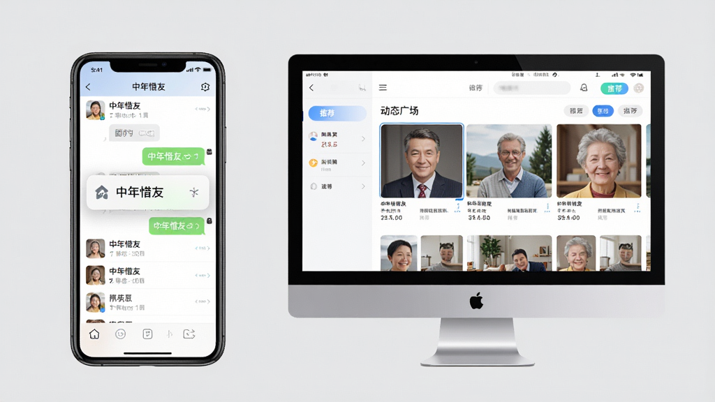 主体:智能手机和电脑并排展示中年惜友APP的界面。布局:手机展示聊天列表,电脑屏幕显示动态广场。排版:左右构图,整洁有序。风格:科技感与生活化结合,浅灰色背景。细节:手机上有“中年惜友”通知弹窗,电脑屏幕有“推荐”标签,画质高清,干净,无多余元素。