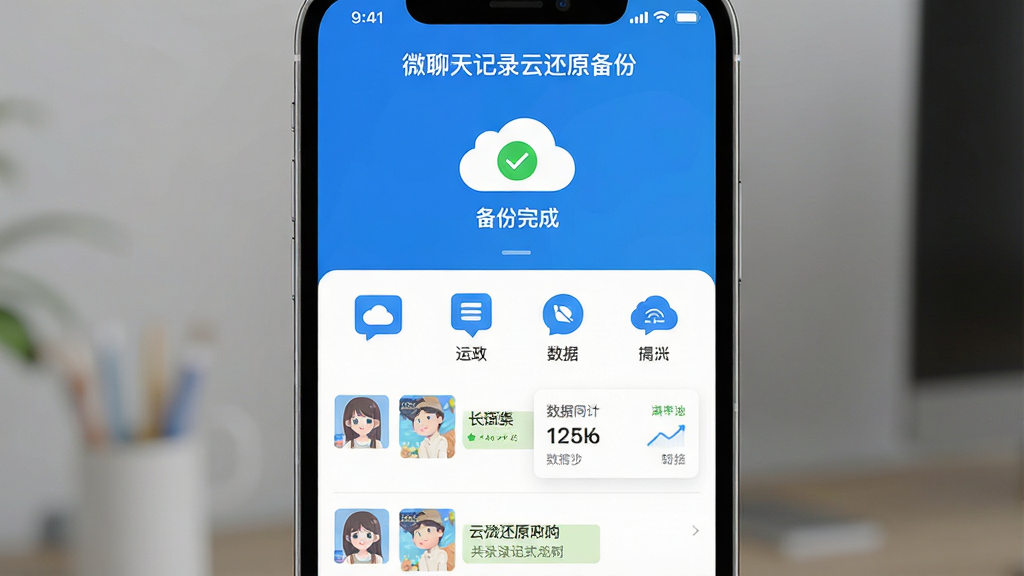 主体:微聊天记录云还原备份软件界面,手机屏幕中显示云端备份成功状态与整齐排列的聊天记录列表。布局:界面居中,上方为软件名称“微聊天记录云还原备份”,下方为功能图标与数据统计卡片。排版:简洁清晰,信息层次分明。风格:现代扁平化,蓝白主色调,科技感。细节:屏幕内可见“备份完成”绿色对勾,聊天记录缩略图,云端同步图标。画质:高清渲染,干净无多余元素。