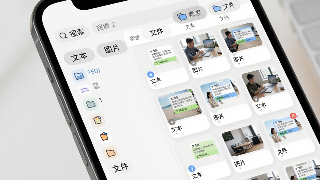 主体:微聊天记录云还原备份的智能归档界面,手机界面展示聊天内容自动分类为“文本”“图片”“文件”等标签页。布局:界面左侧为分类侧边栏,右侧为对应内容缩略图网格。排版:卡片式布局,标签清晰。风格:清爽简洁,浅色背景,圆角卡片。细节:每个分类图标下方带有数量角标,顶部搜索栏。画质:高清,色彩柔和,无多余元素。