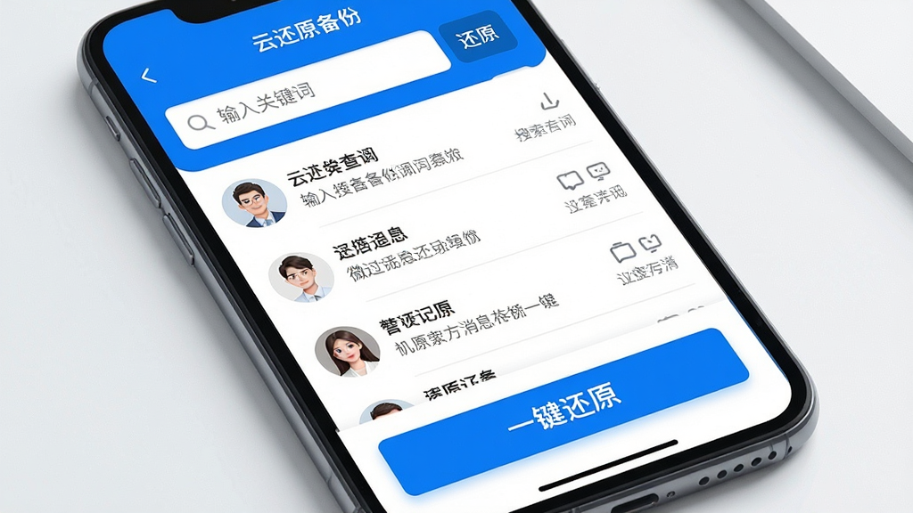 主体:微聊天记录云还原备份的查阅与还原界面,手机屏幕展示搜索框和“还原”按钮。布局:上部为搜索栏,中部为聊天记录列表,底部为醒目的“一键还原”按钮。排版:纵向布局,按钮突出。风格:简洁商务风,蓝白配色。细节:搜索框内有“输入关键词”提示,列表项显示联系人头像和消息摘要。画质:高清,UI精致,无多余元素。