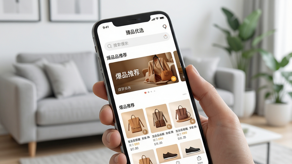 画面主体为一部持在手中的智能手机,屏幕正显示“臻品优选”APP的首页界面,界面布局清晰展示顶部搜索栏、中部爆品推荐轮播图以及下方商品瀑布流。整体布局采用居中构图,手机略微倾斜,背景为干净整洁的浅灰色现代客厅,沙发与绿植虚化。排版风格简约,突出屏幕内容,采用暖色调商品图片,营造温馨购物氛围。画质为超高清,细节丰富,光线柔和自然,干净无多余元素。