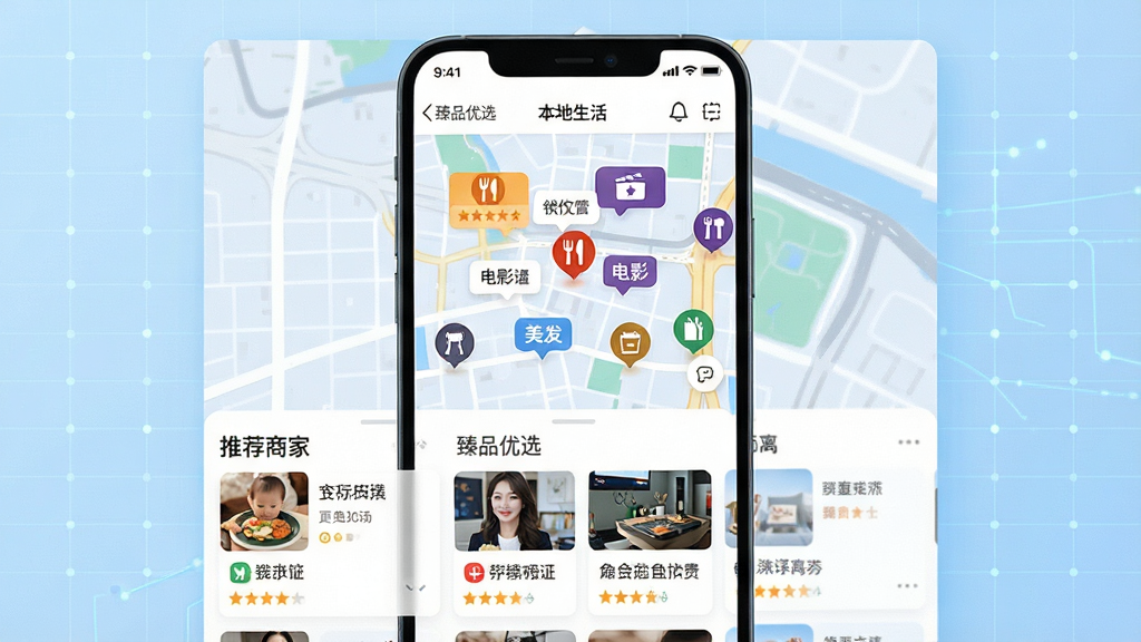画面主体为“臻品优选”APP的“本地生活”频道页面,展示一张模拟城市地图,地图上分布着各类标签化的商家图标,如餐饮、电影、美发等。屏幕下方是推荐商家列表卡片。布局采用地图与列表上下结合的方式,背景为淡蓝色科技感网格。排版清晰,风格简洁明快,细节包括商家评分和距离标识,画质高清,整体干净无多余元素。