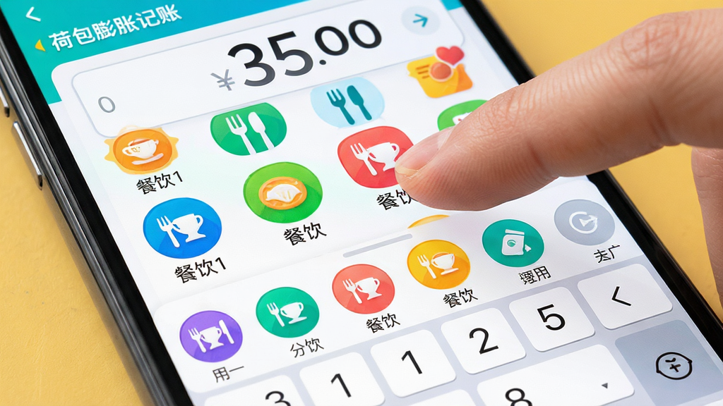 主体:一款名为“荷包膨胀记”的记账应用快捷记账界面,屏幕下方弹出分类图标选择栏。布局:手机屏幕特写,手指正在点击“餐饮”分类图标,上方为金额输入框显示“35.00”。排版:分类图标以网格状排列,色彩鲜艳,每个图标下方有中文标签。风格:清爽的UI设计风格,高饱和度的色彩搭配。细节:金额数字放大显示,输入键盘为定制的大数字键,操作区域符合人体工学。画质:高清晰度,干净,无多余元素。