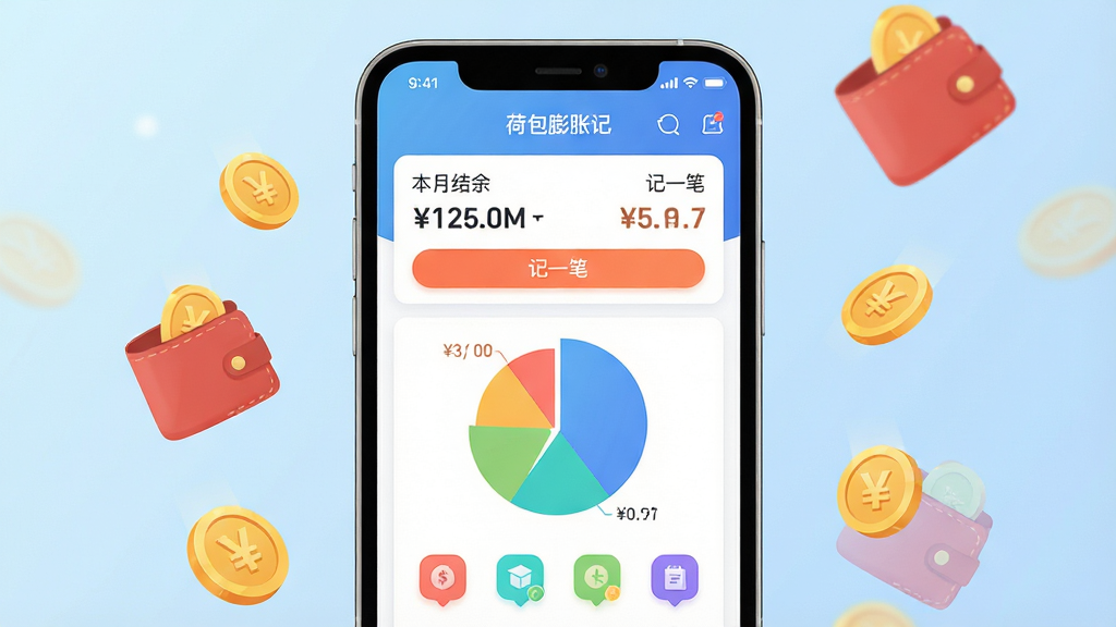 主体:一款名为“荷包膨胀记”的智能手机记账应用界面,手机屏幕显示简洁的收支看板与饼图统计。布局:手机居中,背景为柔和的浅蓝色渐变,周围点缀着金色硬币和飘浮的红色钱包元素。排版:界面清晰展示“本月结余”、“记一笔”按钮和彩色分类图标。风格:现代扁平化插画风格,色彩明快,富有活力。细节:手机屏幕内图表线条流畅,数据标签清晰,金币上刻有“”符号。画质:高清渲染,干净,无多余元素。