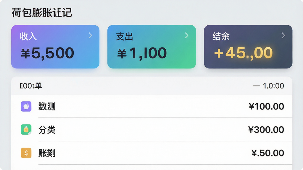 主体:一款名为“荷包膨胀记”的应用内收支看板详情页,以卡片和列表形式展示数据。布局:顶部为三个大数字卡片,分别显示收入、支出和结余;下方为按时间排序的账单列表。排版:数字卡片采用渐变底色,列表每行左侧为分类小图标,右侧为金额。风格:简洁商务风,背景为浅灰色,数据文字为深黑色。细节:结余数字用金色突出显示,列表有分割线。画质:精细,干净,无多余元素。