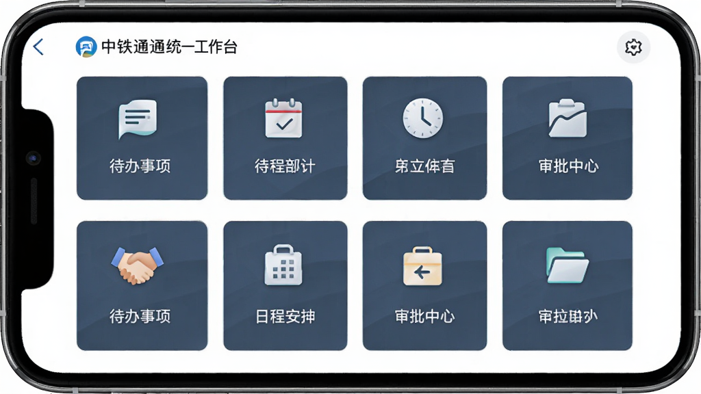 中铁通通统一工作台界面,主体为手机端应用展示多个功能模块图标,布局网格排列,排版整齐,风格简约商务,细节包括待办事项、日程安排、审批中心等图标,画质清晰,干净,无多余元素