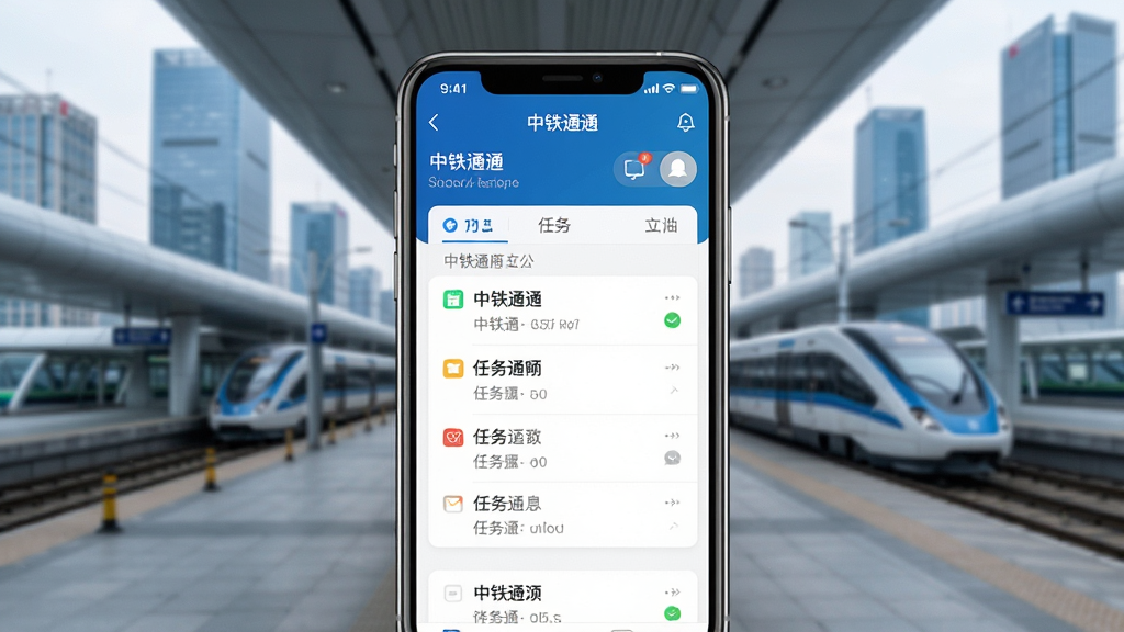 中铁通通app界面展示,主体为手机屏幕显示办公应用主界面,背景为现代城市交通枢纽,布局居中,排版简洁,风格科技商务,细节包括任务列表、消息通知图标,画质高清,干净,无多余元素