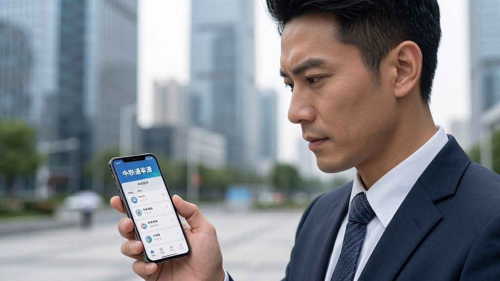 中铁通通移动办公场景,主体为一位商务人士在户外使用手机处理工作,背景为模糊的城市建筑,布局自然,排版简洁,风格真实摄影,细节包括手机屏幕显示审批界面、人物专注表情,画质高清,干净,无多余元素