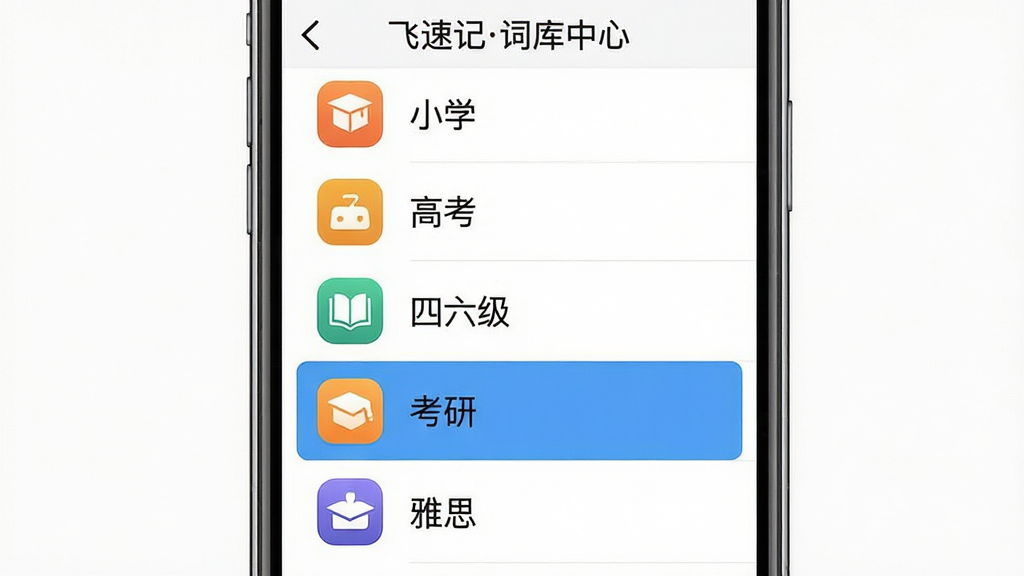 飞速记词库选择界面截图风格图片,主体为手机屏幕展示分类词库列表,包含小学、高考、四六级、考研、雅思图标,布局为纵向列表,排版清晰,风格简洁商务,细节高亮当前选中词库,画质干净无多余元素,屏幕内文字标注