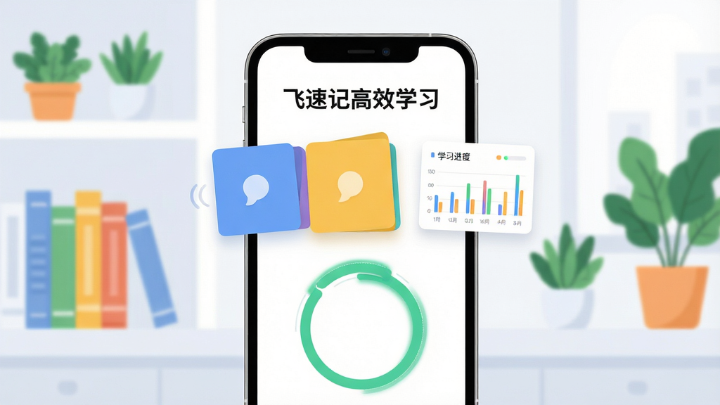 飞速记学习软件主视觉图,主体为智能手机屏幕显示彩色记忆卡片与学习进度环,背景是干净明亮的书房,书籍与绿植点缀,布局居中,排版简洁现代,风格清新扁平化插画,细节包含卡片翻转动画与数据图表,画质高清干净无多余元素,屏幕内文字标注
