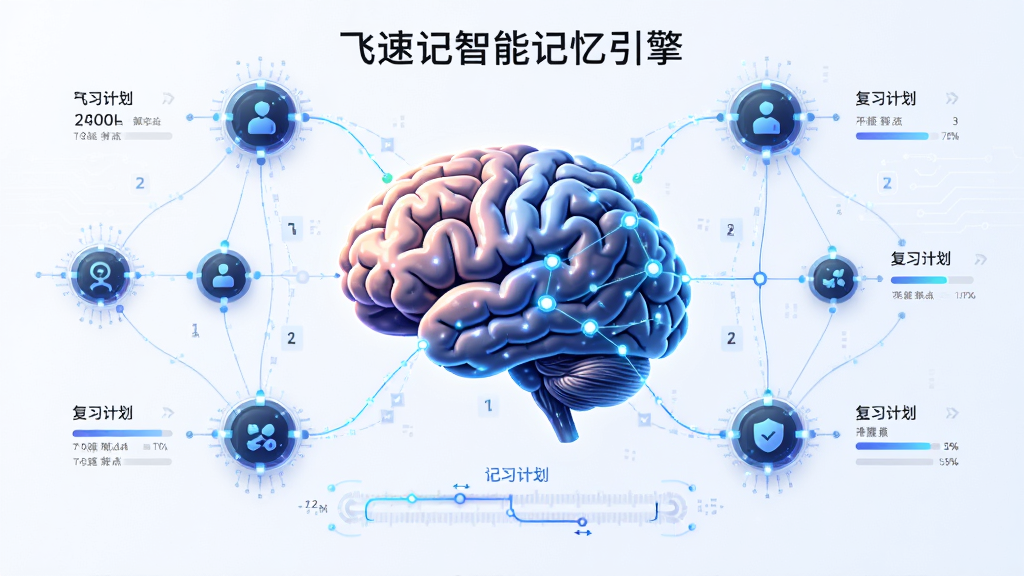 飞速记智能算法示意图,主体为大脑与数字节点连接的网络,节点代表记忆点,连线代表复习计划,布局居中对称,排版科技感,风格未来主义插画,细节包含时间轴与进度百分比,画质高清干净,图片内文字标注