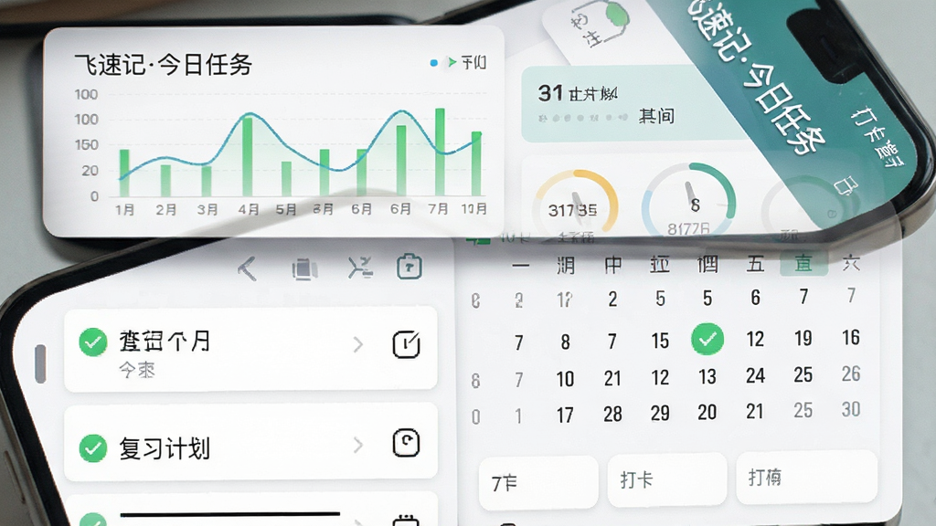 飞速记手机操作界面截图,主体为屏幕显示复习计划列表与打卡日历,布局上方为统计图表,下方为卡片列表,排版清晰,风格简洁,细节有绿色对勾标记,画质干净,屏幕内文字标注