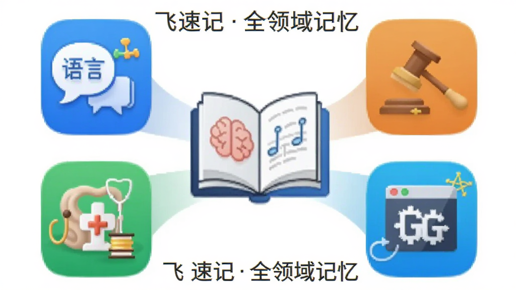 飞速记多领域应用场景图,主体为四个图标分别代表语言、法律、医学、编程,环绕中央书本,布局对称,排版简约,风格图标化,细节每个图标有微小元素,画质干净无多余元素,图片内文字标注
