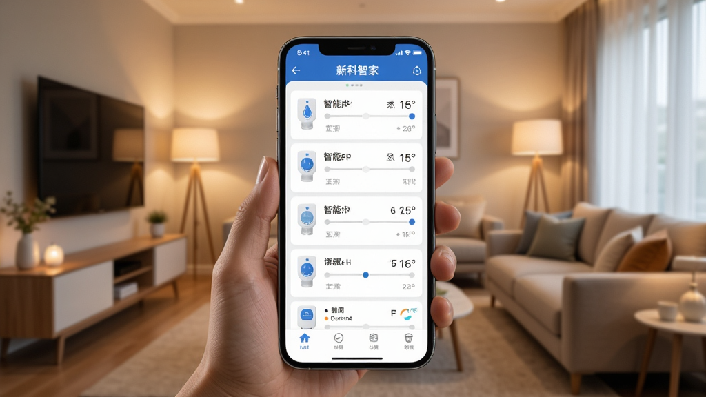 一张展示新科智家APP在手机上控制客厅多台智能空调和空气能热泵的场景,手机屏幕显示清晰的设备列表和温度调节界面,背景是温馨的现代家居客厅,暖色调灯光,画面干净明亮,构图以手机为中心,突出智能互联的感觉,风格写实,细节丰富,画质高清