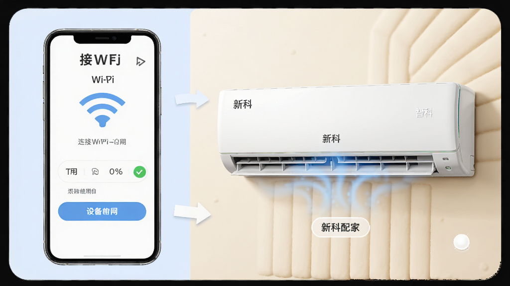新科智家APP添加设备配网步骤截图,手机屏幕显示连接Wi-Fi界面,旁边有一台新科空调处于配网状态,背景为浅色调,画面简洁,步骤指示清晰,风格卡通写实结合,细节丰富,画质高清