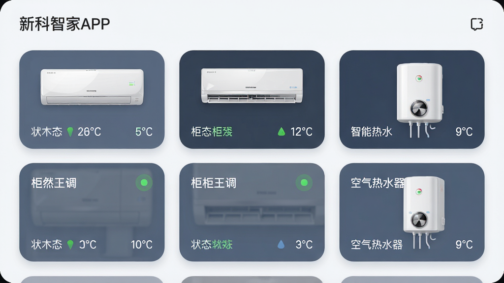 新科智家APP主界面展示多台智能设备(壁挂空调、柜式空调、空气能热水器)的卡片列表,每个卡片显示设备名称、状态图标和当前温度,界面采用浅色背景,卡片圆角设计,图标清晰,整体风格简洁现代,画面干净无杂物,排版整齐,画质高清