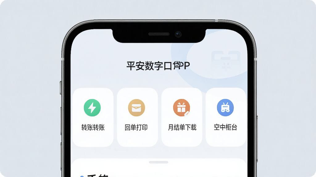 主体:平安数字口袋APP的账户服务界面,展示转账、回单打印、月结单下载、空中柜台等功能入口,界面设计简洁,功能图标清晰,背景为浅灰蓝色,画质高清,干净无多余元素