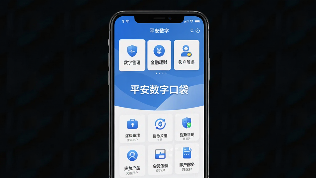 主体:平安数字口袋APP界面,展示数字资产管理、金融理财、账户服务三大核心功能模块,界面设计现代简约,色彩以蓝色和白色为主,布局清晰,功能图标排列整齐,手机屏幕中央显示“平安数字口袋”字样,背景为浅蓝色渐变,整体风格商务科技感,画质高清,干净无多余元素