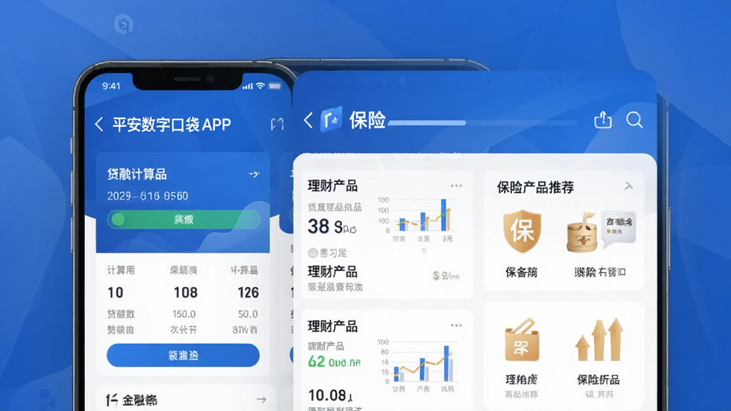 主体:平安数字口袋APP的金融服务页面,展示贷款计算器、理财产品列表、保险产品推荐,界面布局清晰,数据图表直观,色彩搭配专业,背景为商务蓝色调,画质高清,干净无多余元素