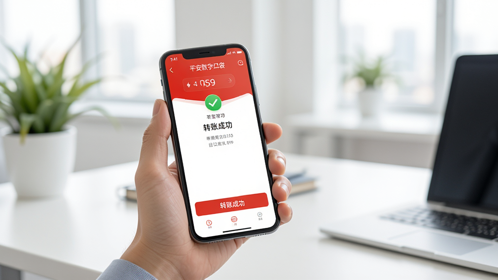 主体:用户正在使用平安数字口袋APP进行转账操作,手机屏幕显示转账成功界面,背景为办公室环境,色调明亮,画质清晰,干净无多余元素