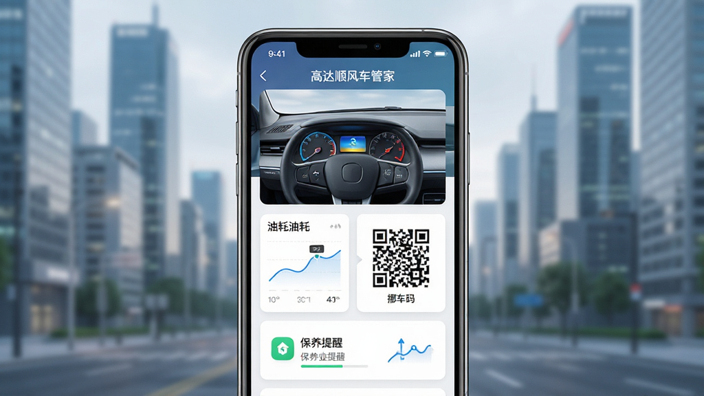 一张以现代都市为背景的高达顺风车管家APP界面展示图,主体是智能手机屏幕上的应用主界面,屏幕中央显示汽车仪表盘和行程数据卡片,布局清晰,排版采用卡片式设计,风格简约科技感,细节包括油耗曲线、挪车码二维码、保养提醒图标,画质高清干净,无多余元素,屏幕中显示“高达顺风车管家”字样